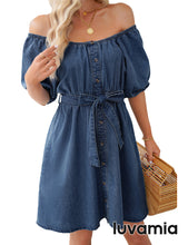 luvamia Denim Dress for Women Off The Shoulder Dresses Puff Sleeve Elastic Waist A Line Short Western Jean Dress Belted