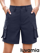luvamia Cargo Shorts Women High Waisted Casual Elastic Waist 7" Inseam Mid Thigh Hiking Golf Shorts with Utility Pockets
