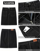 luvamia FleXclusive Jean Skirts for Women High Waisted Trendy Stretchy A-line Contrast Stitching Patch Pocket Short Denim Skirt