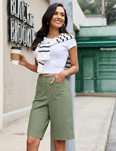 luvamia Bermuda Shorts for Women Knee Length High Waisted Dressy Casual Patch Pocket Chino Elastic Waist Long Shorts