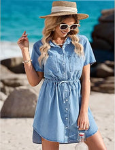 luvamia Women Casual Denim Dress Short Sleeve Tie Waist Classic Jean Shirt Dress