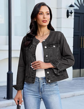 luvamia FleXclusive Women's Button Down Long Sleeves Crew Neck Denim Jacket