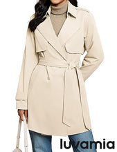 luvamia Trench Coat Women Mid Length Classic Double Breasted Lapel Business Casual Fall Jacket Coats Outerwear with Belt