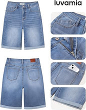 luvamia FleXclusive Bermuda Jean Shorts for Women Knee Length High Waisted Trendy Cuffed Hem Long Stretchy Denim Shorts Summer Jorts