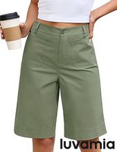 luvamia Bermuda Shorts for Women Knee Length High Waisted Dressy Casual Patch Pocket Chino Elastic Waist Long Shorts