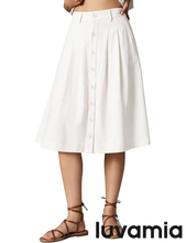 luvamia Linen Skirts for Women Midi Pleated Elastic High Waisted Casual Button Down A Line Flowy Summer Skirt with Pockets