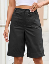 luvamia Bermuda Shorts for Women Knee Length High Waisted Dressy Casual Patch Pocket Chino Elastic Waist Long Shorts