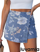 luvamia FleXclusive Denim Skorts for Woman Trendy Floral Print Faux Wrap Stretchy High Waisted Elasitc Waist Jean Shorts Skirt Skort