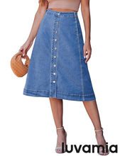 luvamia FleXclusive Jean Skirts for Women Trendy Midi Length A Line Western Casual Button Down Stretchy Denim Skirt with Pockets