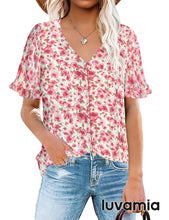 luvamia Women's Casual V Neck Tops Ruffle Short Sleeve Blouses Button Down Shirts