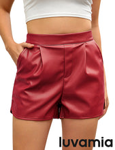 luvamia Faux Leather Shorts for Women High Wasited Pull On Pleated Side Slit Pleather Shorts with Elastic Waist Pockets
