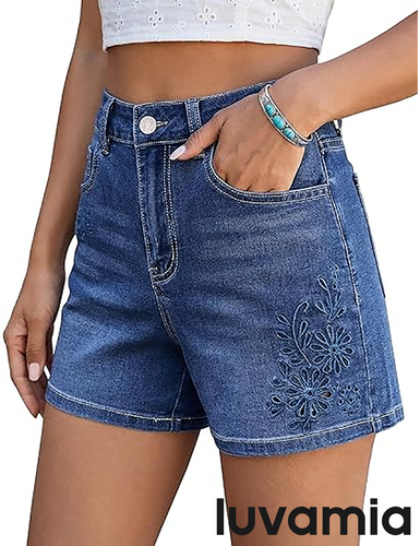 luvamia FleXclusive Jean Shorts for Women High Waisted Eyelet Embroidered Mid Thigh Wide Leg Stretchy Denim Shorts Summer Jorts