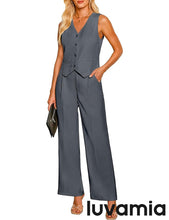 LUVAMIA Women 2 piece Vest Set Wide Leg Business Casual V Neck Sleeveless Suit Work Pant