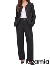 luvamia Pants Suits for Women Dressy 2 Piece Sets Business Casual Outfits Long Sleeve Collarless Blazers, Elastic Waist Wide Leg Pants, Adjustable Back Buckle‌, Professional Work Office Pantsuits