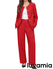 luvamia Pants Suits for Women Dressy 2 Piece Sets Business Casual Outfits Long Sleeve Collarless Blazers, Elastic Waist Wide Leg Pants, Adjustable Back Buckle‌, Professional Work Office Pantsuits