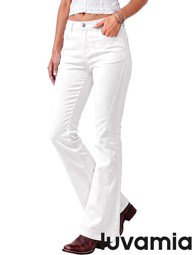 luvamia FleXclusive Flare Jeans for Women Mid Rise Bootcut Denim Pants Distressed Stretchy Denim, Retro Distressed Washed, Chic Y2K Style, Date Night Outfit, Slim Through Knee, Nashville Western Inspired
