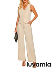 LUVAMIA Women 2 piece Vest Set Wide Leg Business Casual V Neck Sleeveless Suit Work Pant