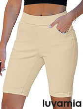 luvamia FleXclusive Bermuda Shorts for Women Jean Pull On Elastic Waist High Waisted Knee Length Fold Hem Stretchy Denim Long Shorts