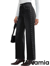 LUVAMIA  Women's High Rise Flare Jeans Washed Denim Trousers Studded Details Retro Style