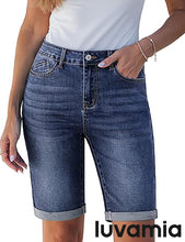 luvamia FleXclusive Bermuda Jean Shorts for Women Knee Length High Waisted Trendy Cuffed Hem Long Stretchy Denim Shorts Summer Jorts