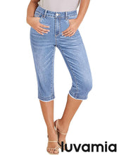 luvamia FleXclusive Capri Jeans for Women Trendy Mid Rise Distressed Raw Hem Casual Summer Stretchy Denim Capris Pants Relaxed Fit