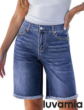 luvamia FleXclusive Jean Bermuda Shorts for Women Trendy Mid Rise Raw Hem Knee Length Stretchy Denim Long Shorts Summer Casual Jorts