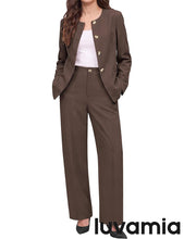 luvamia Pants Suits for Women Dressy 2 Piece Sets Business Casual Outfits Long Sleeve Collarless Blazers, Elastic Waist Wide Leg Pants, Adjustable Back Buckle‌, Professional Work Office Pantsuits