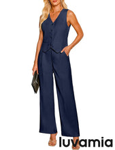 LUVAMIA Women 2 piece Vest Set Wide Leg Business Casual V Neck Sleeveless Suit Work Pant