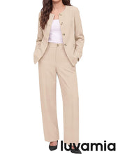 luvamia Pants Suits for Women Dressy 2 Piece Sets Business Casual Outfits Long Sleeve Collarless Blazers, Elastic Waist Wide Leg Pants, Adjustable Back Buckle‌, Professional Work Office Pantsuits