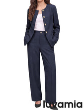 luvamia Pants Suits for Women Dressy 2 Piece Sets Business Casual Outfits Long Sleeve Collarless Blazers, Elastic Waist Wide Leg Pants, Adjustable Back Buckle‌, Professional Work Office Pantsuits