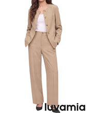 luvamia Pants Suits for Women Dressy 2 Piece Sets Business Casual Outfits Long Sleeve Collarless Blazers, Elastic Waist Wide Leg Pants, Adjustable Back Buckle‌, Professional Work Office Pantsuits