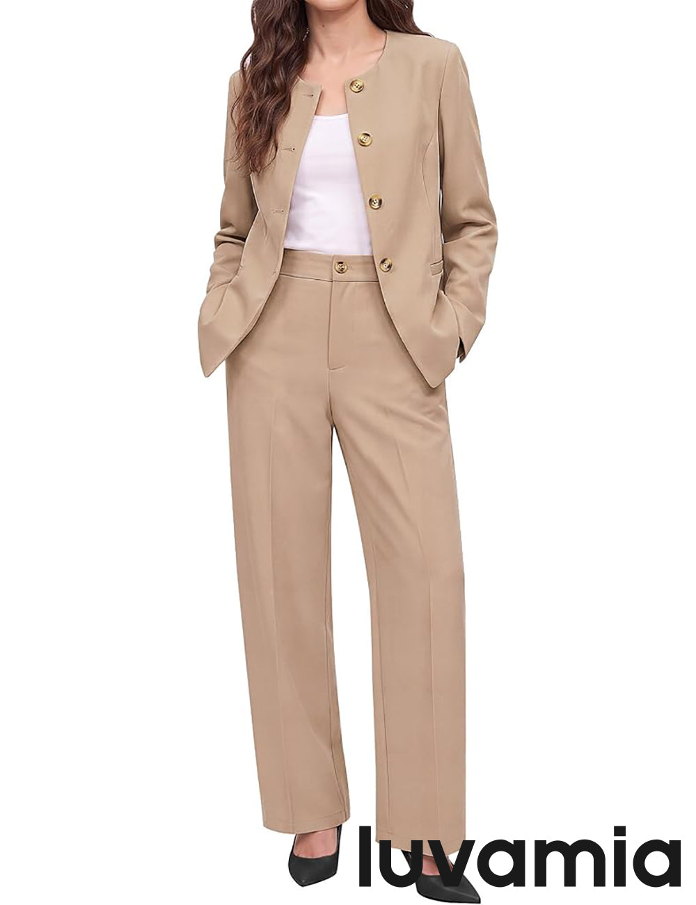 luvamia Pants Suits for Women Dressy 2 Piece Sets Business Casual Outfits Long Sleeve Collarless Blazers, Elastic Waist Wide Leg Pants, Adjustable Back Buckle‌, Professional Work Office Pantsuits