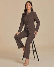 luvamia Pants Suits for Women Dressy 2 Piece Sets Business Casual Outfits Long Sleeve Collarless Blazers, Elastic Waist Wide Leg Pants, Adjustable Back Buckle‌, Professional Work Office Pantsuits