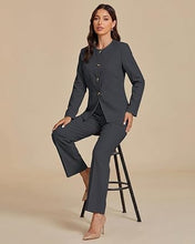 luvamia Pants Suits for Women Dressy 2 Piece Sets Business Casual Outfits Long Sleeve Collarless Blazers, Elastic Waist Wide Leg Pants, Adjustable Back Buckle‌, Professional Work Office Pantsuits