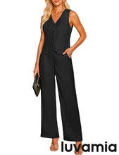 LUVAMIA Women 2 piece Vest Set Wide Leg Business Casual V Neck Sleeveless Suit Work Pant
