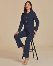 luvamia Pants Suits for Women Dressy 2 Piece Sets Business Casual Outfits Long Sleeve Collarless Blazers, Elastic Waist Wide Leg Pants, Adjustable Back Buckle‌, Professional Work Office Pantsuits