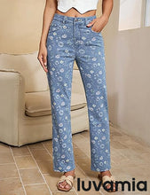 luvamia Straight Leg Jeans for Women Floral Printed High Waisted Trendy Cute Vintage Stretchy Denim Pants Boho Jeans