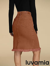 luvamia Women's Casual Mid Rise Button Down Frayed Raw Hem Fit Denim Jean Skirt