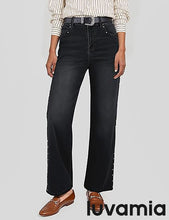 LUVAMIA  Women's High Rise Flare Jeans Washed Denim Trousers Studded Details Retro Style