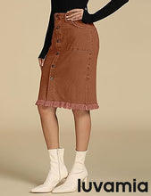 luvamia Women's Casual Mid Rise Button Down Frayed Raw Hem Fit Denim Jean Skirt