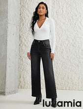 LUVAMIA  Women's High Rise Flare Jeans Washed Denim Trousers Studded Details Retro Style