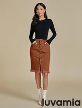 luvamia Women's Casual Mid Rise Button Down Frayed Raw Hem Fit Denim Jean Skirt