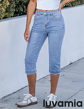 luvamia FleXclusive Capri Jeans for Women Trendy Mid Rise Distressed Raw Hem Casual Summer Stretchy Denim Capris Pants Relaxed Fit