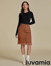 luvamia Women's Casual Mid Rise Button Down Frayed Raw Hem Fit Denim Jean Skirt