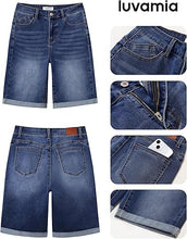 luvamia FleXclusive Bermuda Jean Shorts for Women Knee Length High Waisted Trendy Cuffed Hem Long Stretchy Denim Shorts Summer Jorts