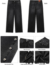 LUVAMIA  Women's High Rise Flare Jeans Washed Denim Trousers Studded Details Retro Style