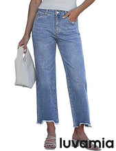 luvamia FleXclusive Straight Leg Jeans for Women Cropped Trendy Mid Rise Baggy Loose Distressed Casual Raw Hem Stretchy Denim Pants