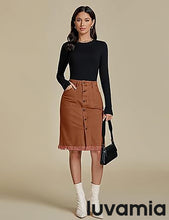 luvamia Women's Casual Mid Rise Button Down Frayed Raw Hem Fit Denim Jean Skirt