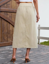 luvamia FleXclusive Jean Skirts for Women High Waisted Midi Denim Drawstring Elastic Waist Long Skirt with Pockets Front Slit