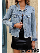 luvamia FleXclusive Denim Jacket for Women Distressed Jean Jackets Button Up Vintage Western Trucker Jacket Frayed Hem Pockets
